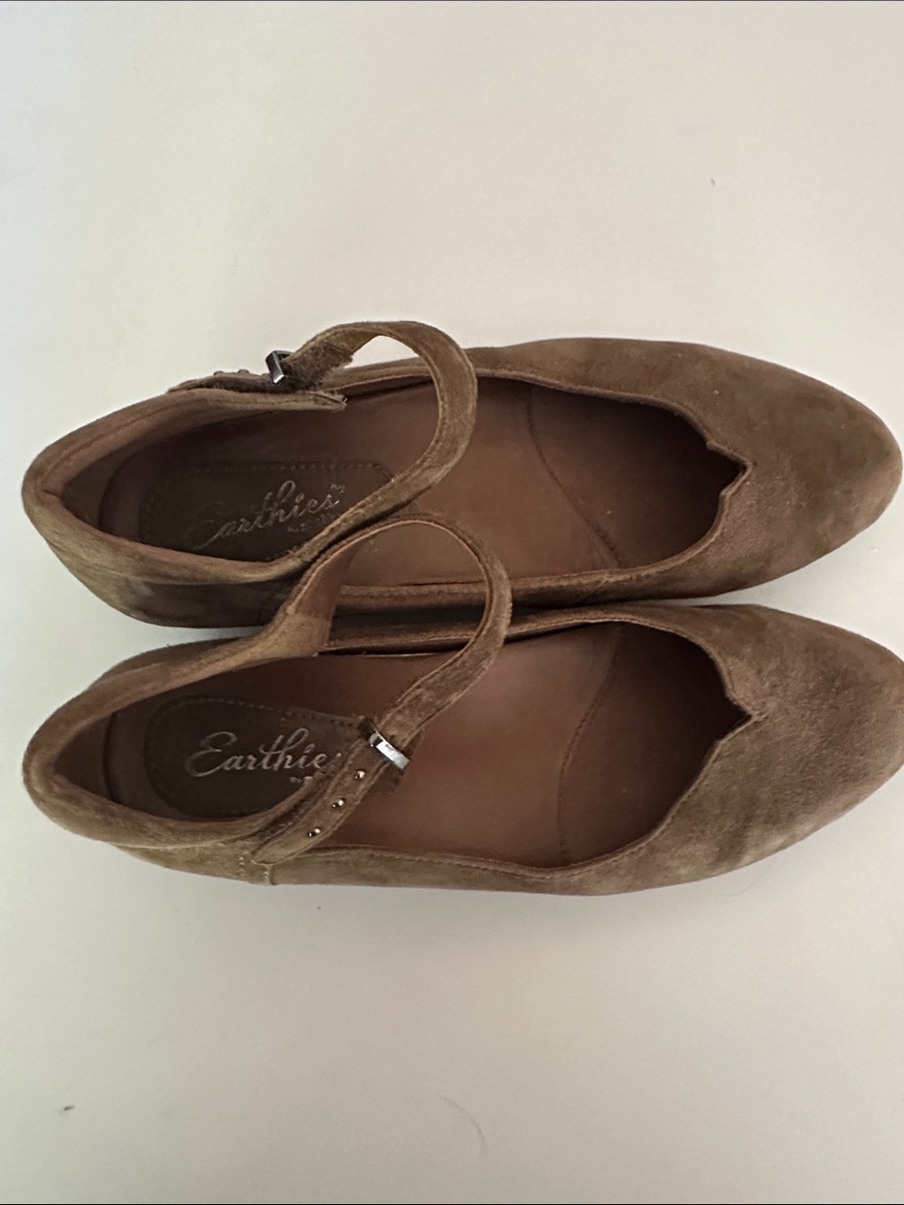 Earthies Brown Suede Mary Jane Flats with Velcro Strap